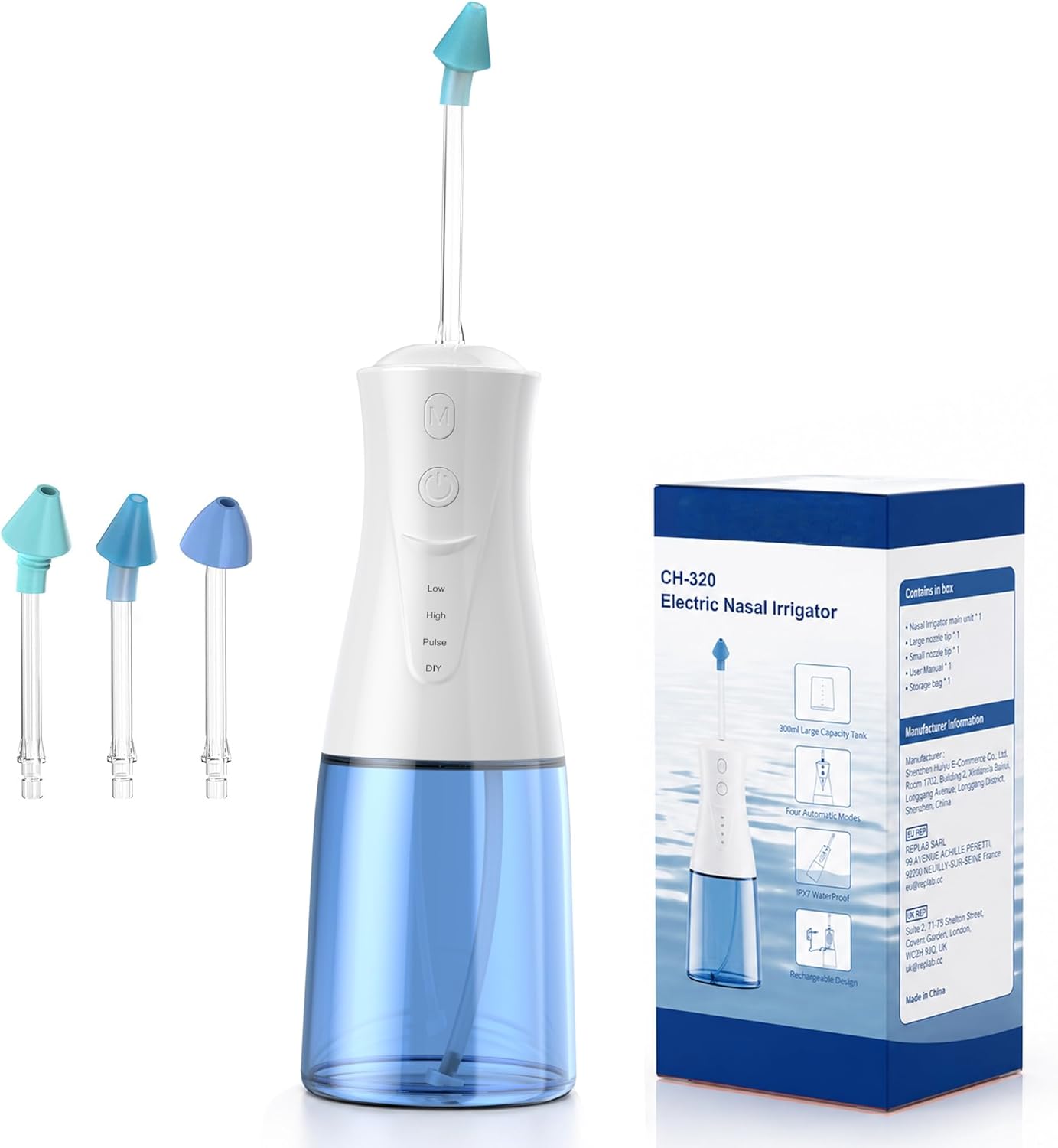 Electric Nasal Irrigator, 300ml Cordless Sinus Rinse Machine, IPX7 Waterproof, 3 Tips, for Adults and Kids