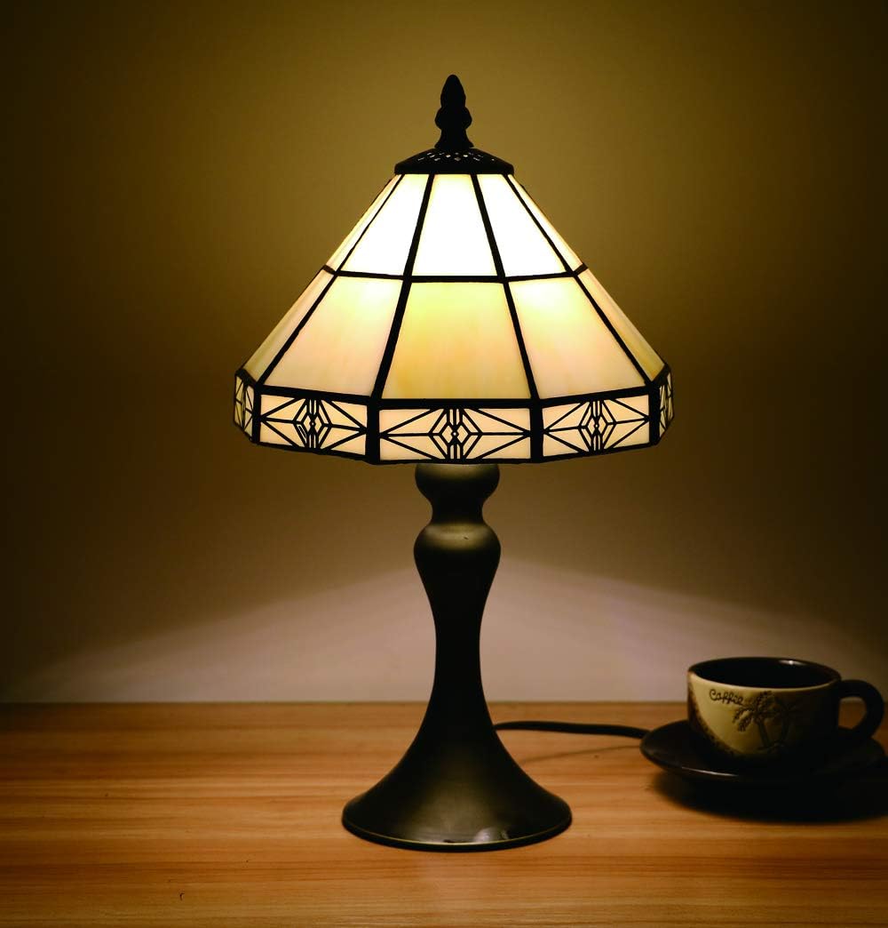 Tiffany Style Table Lamps 8 Inch, Vintage White Simple Style Stained Glass Lamps for Living Room, Bedroom Bedside Desk Lamp, Decorative Lights for Lounge