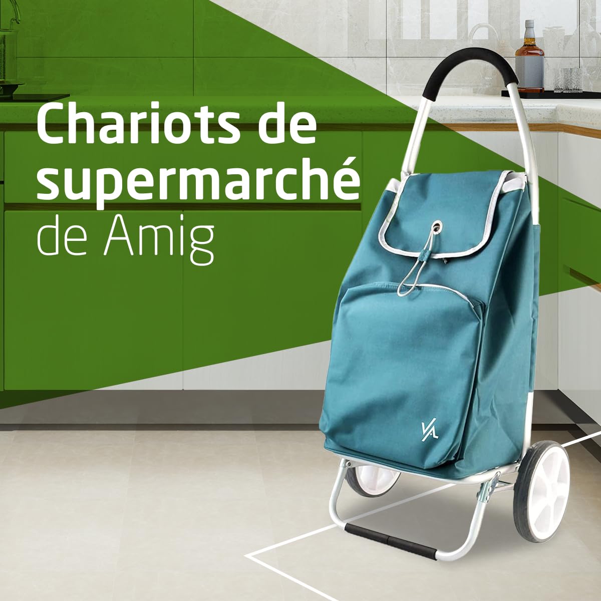 Amig - Chariot de Courses à 2 Roues - Sac Ajustable - Aluminium léger - Charge maximale : 15 kg - Capacité : 50 L - Dimensions : 95 x 45,5 x 12 cm - Couleur : Vert