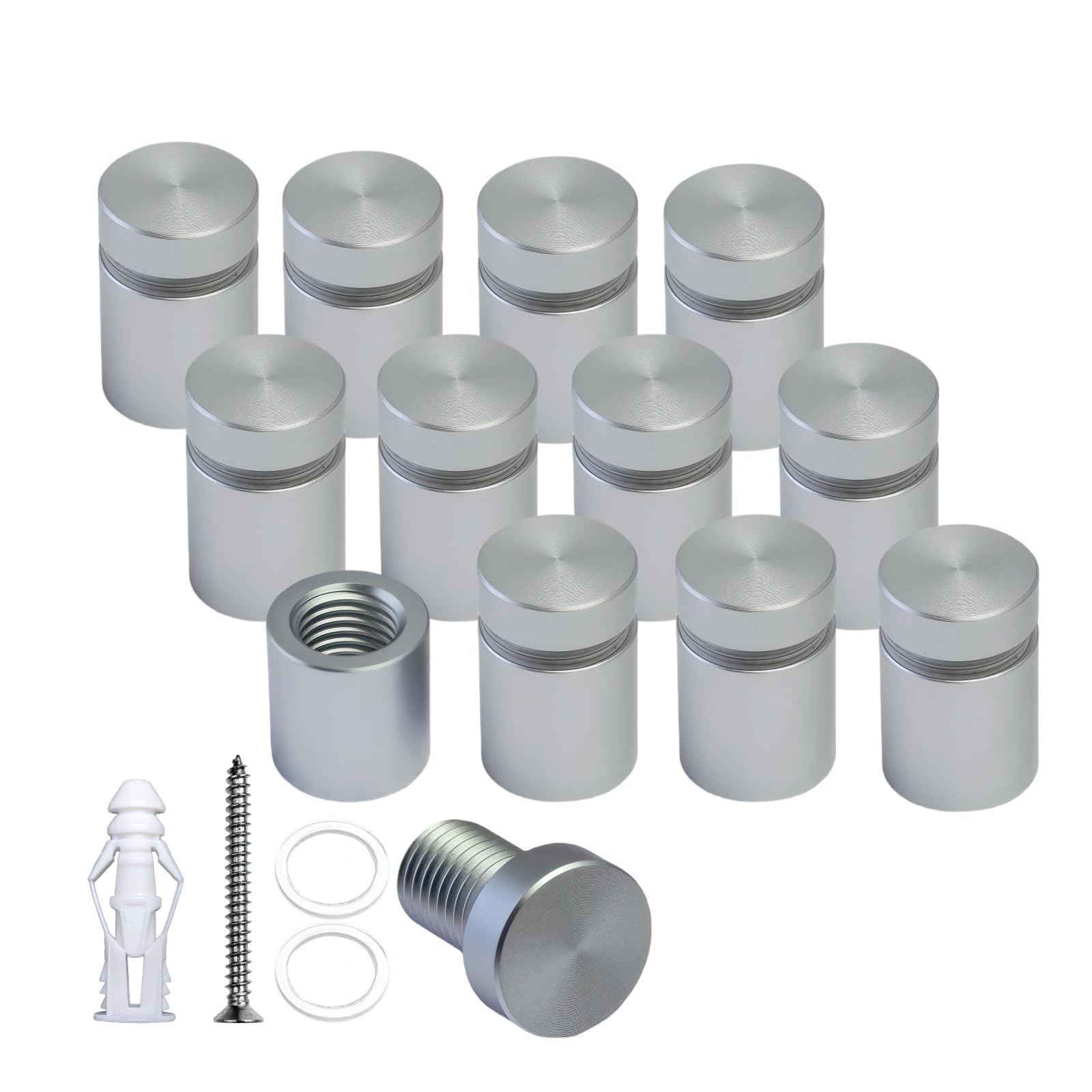 BESTANDOFF 12 Pcs Aluminum Standoff Fixings, Sign Standoff Screws Wall Mount Advertisement Fixings Bolts for Sign Displays, Sign Support Wall Mount (Satin Chrome, 12mm Dia x 12mm H)