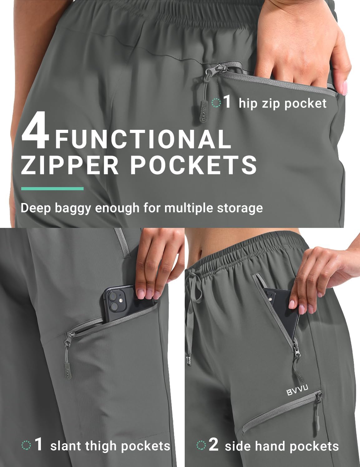 BVVU Women's Cargo Capris Hiking Pants Lightweight Quick Dry Joggers Outdoor Waterproof Workout Pants with Pockets - Image 2