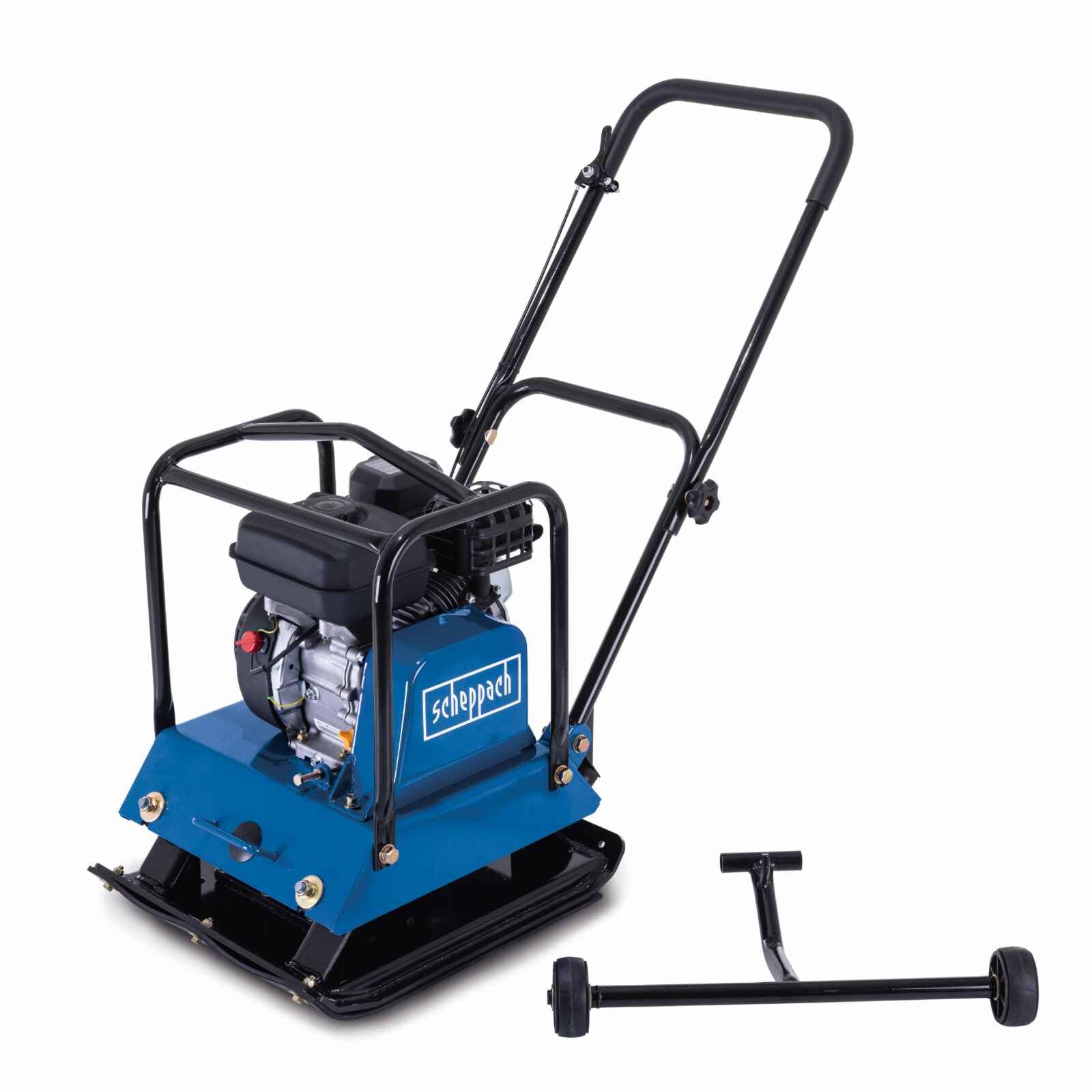 Scheppach Blue Hp1800s Wacker Plate Compactor, 4.1Kw 196Cm³ Petrol Engine, 23000N Compaction Force, 544X440mm Plate, 30Cm Depth, Wheels & Rubber Mat