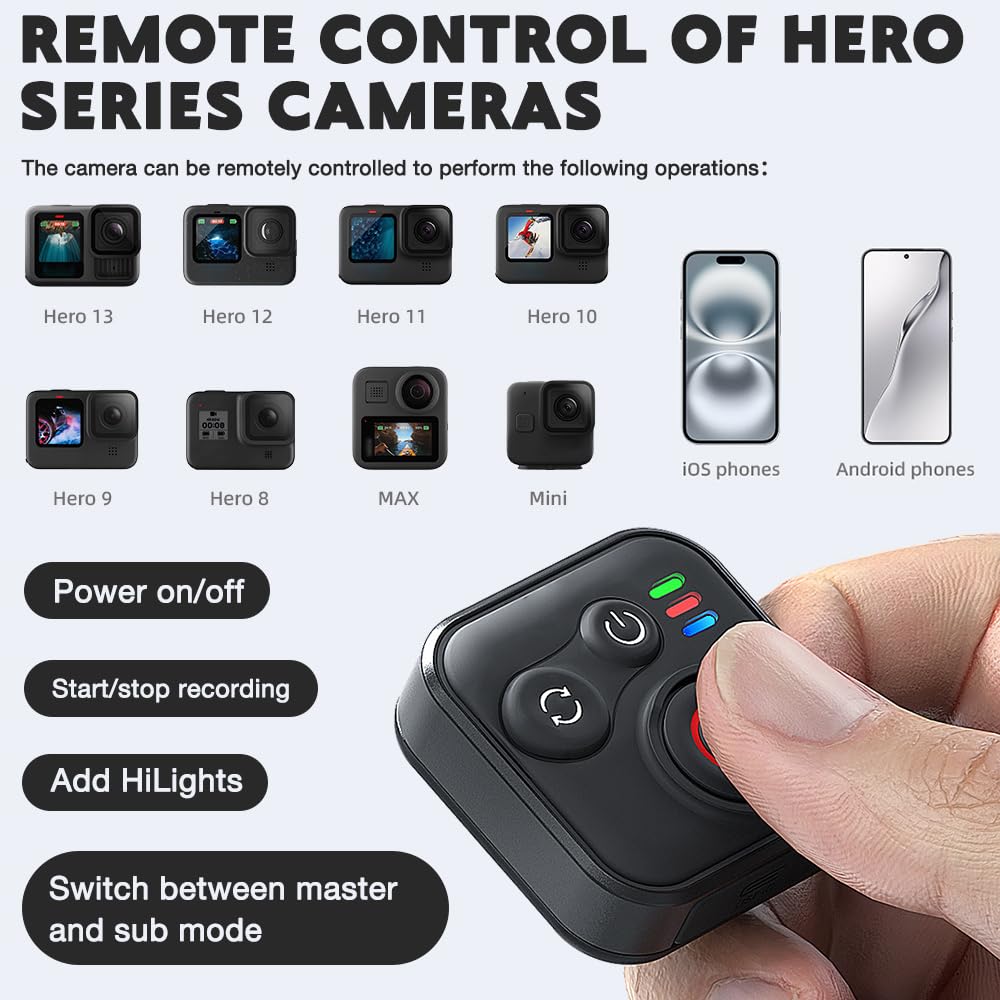 NAVESO Bluetooth Télécommande pour GoPro Hero Insta360 X5/X4/X3/Ace Pro 2/Ace Pro/GO3S/GO3 iOS/Android, sans Fil Smart Remote Control avec Bracelet et Câble de Recharge USB