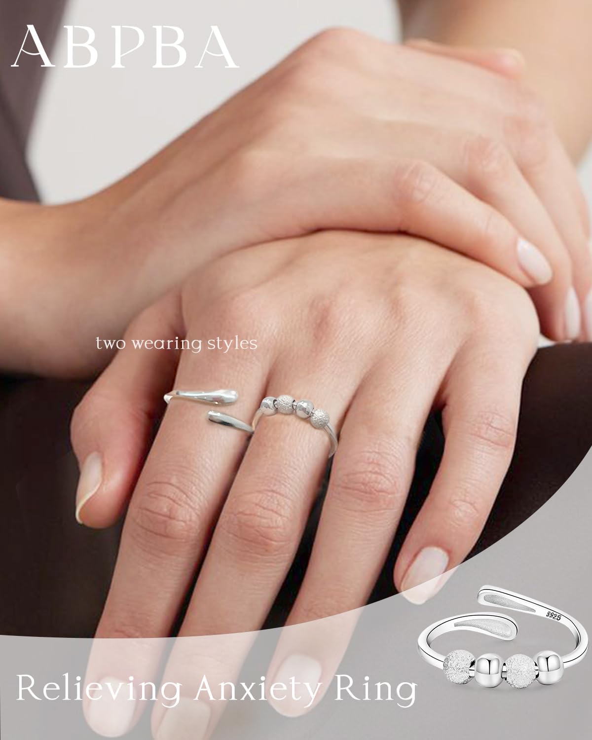 Anxiety Rings for Women 925 Sterling Silver Fidget Ring Adjustable Open Fidget Rings for Anxiety Stress Relief Ring Gifts - Image 2