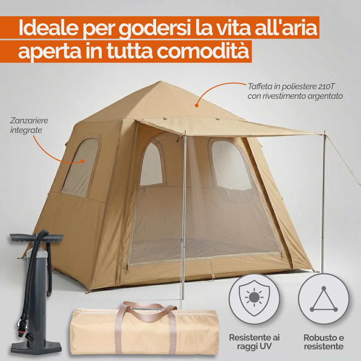 Linxor – Tenda da campeggio gonfiabile per 2–3 persone con tettoia, pompa e borsa da trasporto – 2,10 x 2,10 x 1,55 m – Beige