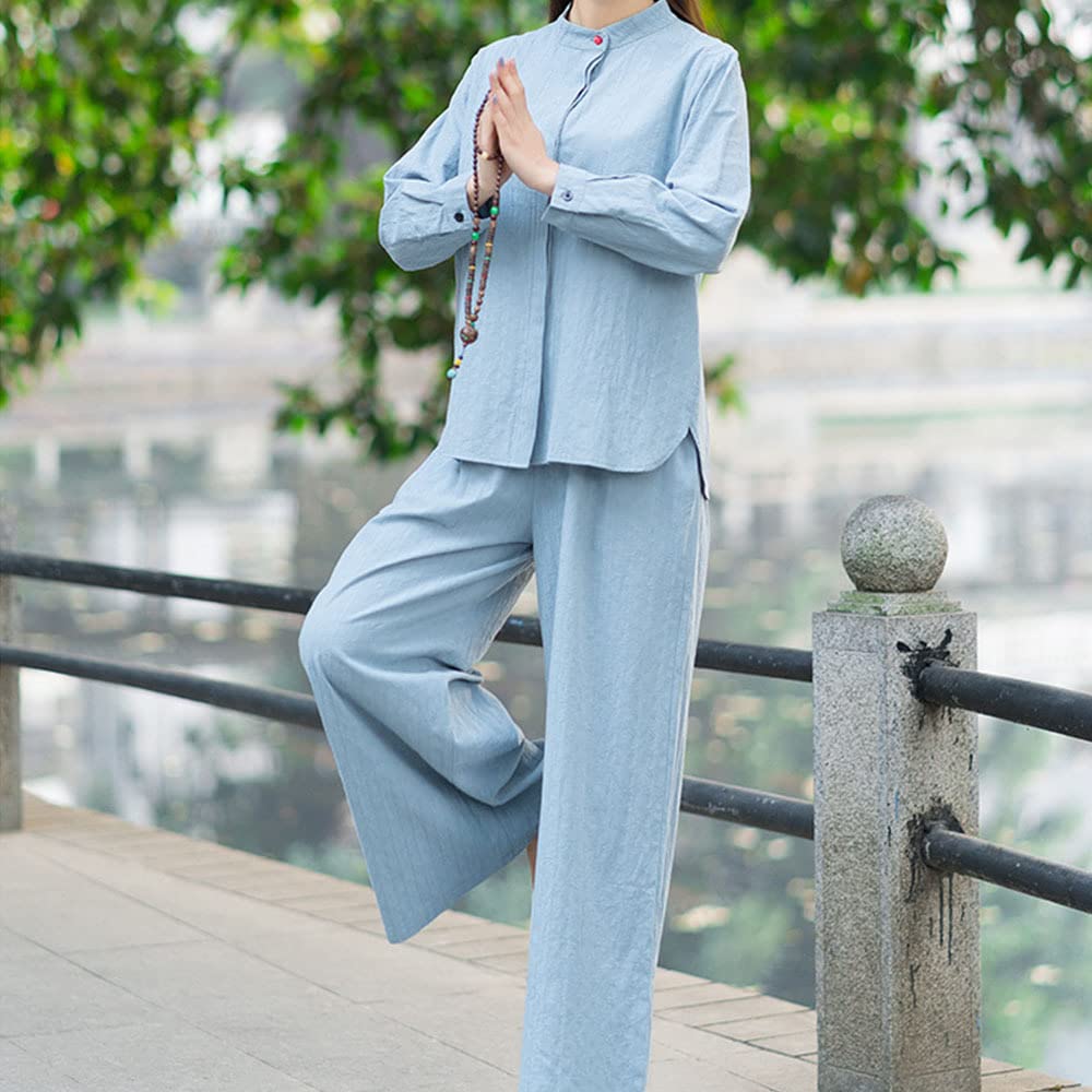 Kung Fu jednolity strój do sztuk walki chiński styl strój do jogi 2022 z długimi rękawami Tai Chi garnitur bawełna + len medytacja herbata garnitur damski dwuczęściowy garnitur, Blueb-XL