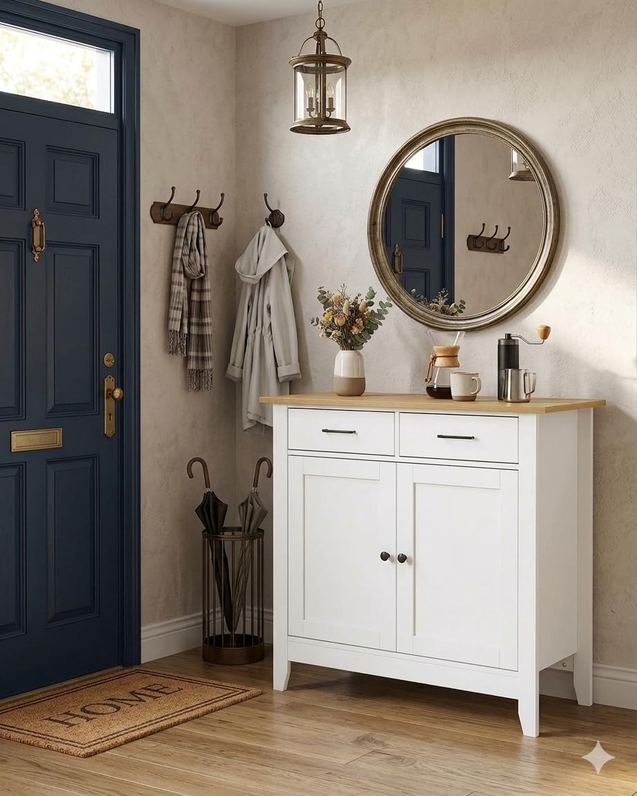 Sideboard mit Schubladen Küchenschrank mit Arbeitsplatte und 2 Türen Buffetschrank & Kücheninsel Aufbewahrungsschrank Landhausstil für Esszimmer Flur & Wohnzimmer Weiß Eiche 91x40x82 cm