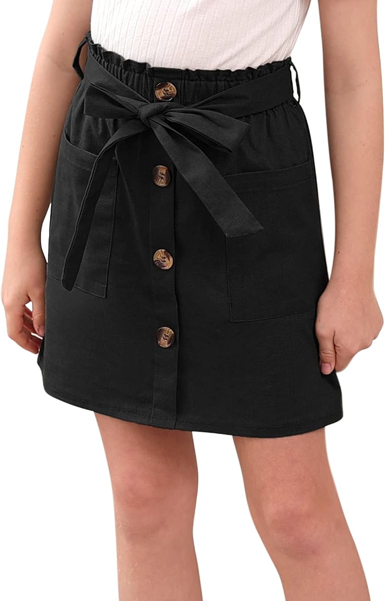 GORLYA Falda con cinturón y cintura elástica para niñas Bolsillos de bolsa de papel 4-14 años | Cintura elástica de bolsa de papel con cinturón, ribete de botones en la parte delantera, bolsillos laterales, ideal para uniformes escolares, iglesia y salidas informales de verano.