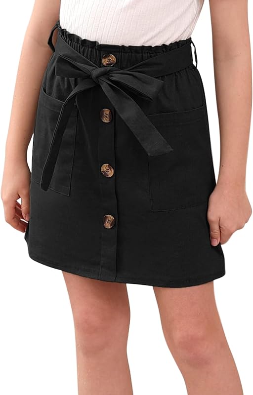 GORLYA Girls Elastic Waist Belted Skirt Paper Bag Pockets 4-14Y | Paper bag elastic waist with belt,button trim front,side pockets,ideal for school uniforms,church,and summer casual outings.