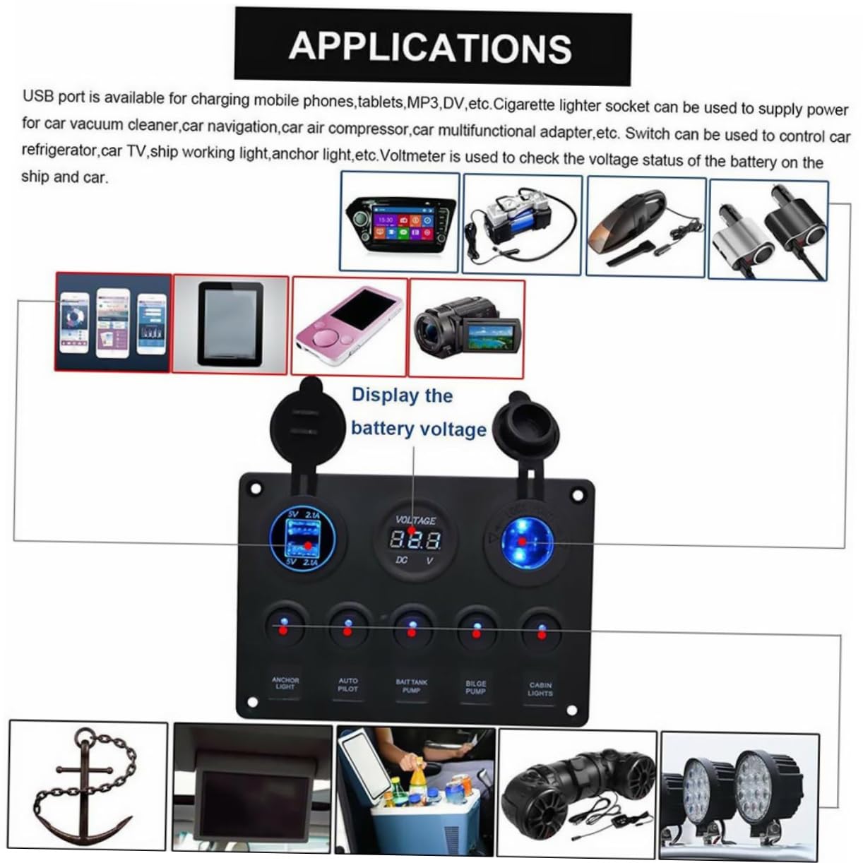 8-fach Kfz Panel mit Zwei USB Steckdosen und Digitalem Voltmeter
