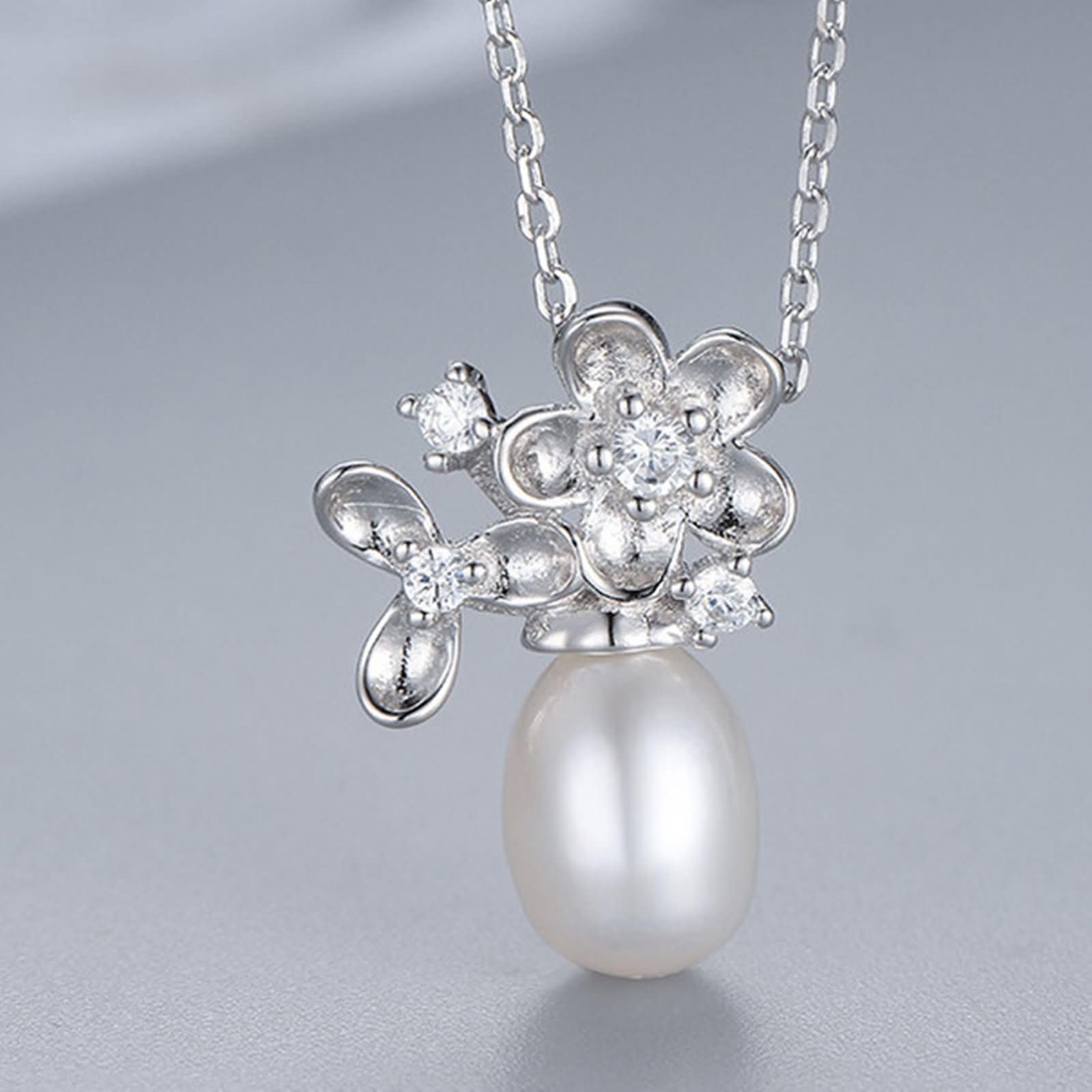 Donna Collana Argento,Catenella per Collana Argento Sterling 925 Donna Fiore e Perla 7x9MM Collana Argento