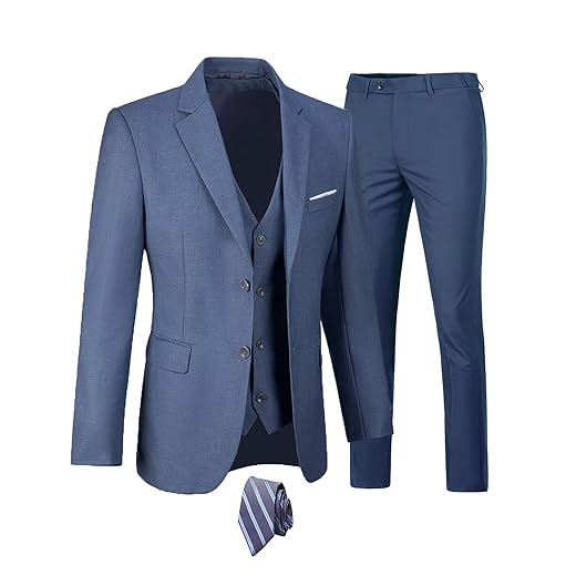 Furuyal Terno masculino de 3 peças, caimento justo, com dois botões, para casamento, negócios, smoking, blazer, jaqueta, colete e calça com gravata, Jeans azul