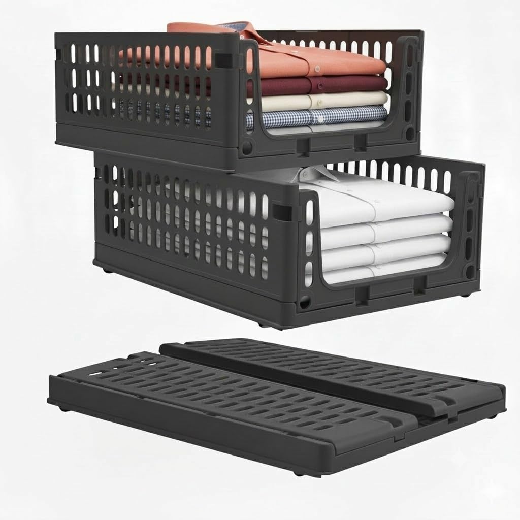 Aditya polymers-Pack of 2 pcs. Stack-It-All | Compact Multi Purpose Foldable Stackable Storage Stacker| Wardrobe Organizer| Sliding Tray Basket with Wheels (40l X 29W X 15.5H cms) Grey-image-34