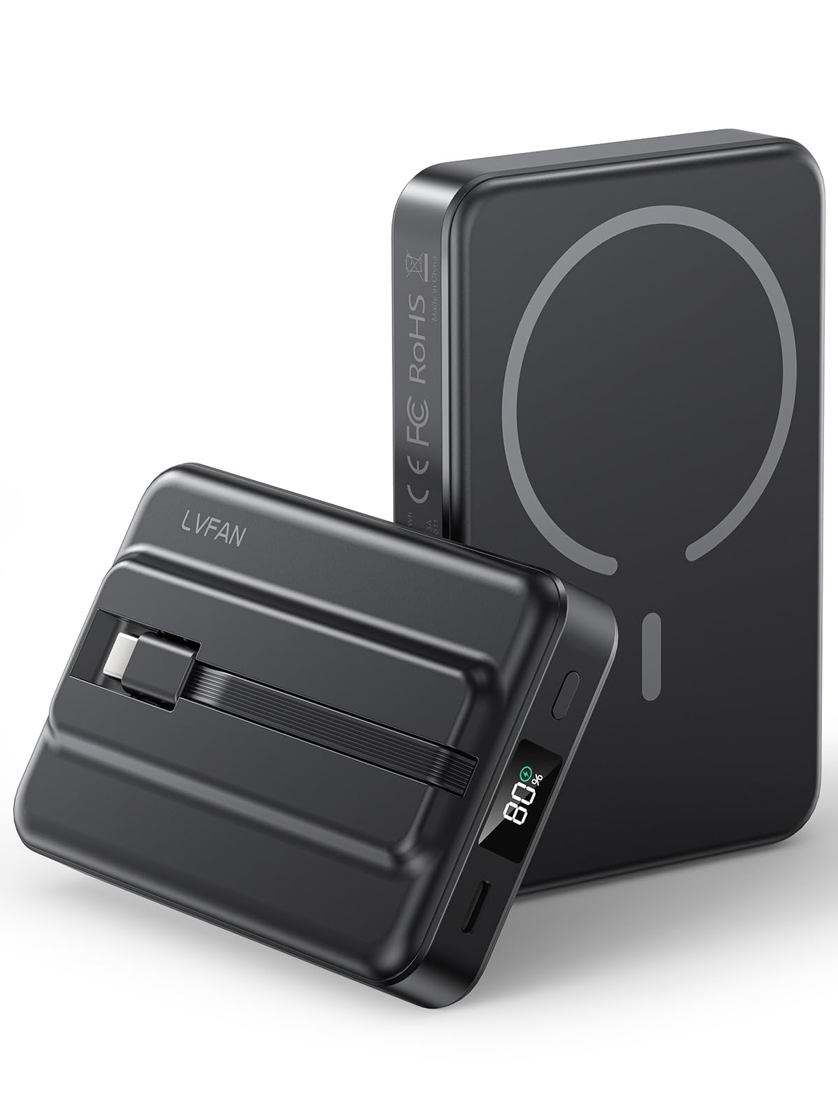 LVFAN for Magsafe Portable Charger, 10000mAh Wireless Magnetic Power Bank with Built-in USB C in&Out Cable, Travel LED Display Battery Pack for iPhone 16 15 14 13 12 Samsung Pixel iPad