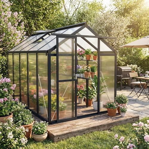 Garvee 6x10ft Greenhouse, Large Walk-in Greenhouse for Outdoors with Roof Vent & Lockable Smooth-Gliding Sliding Door, Heavy Duty Aluminum Frame Polyc