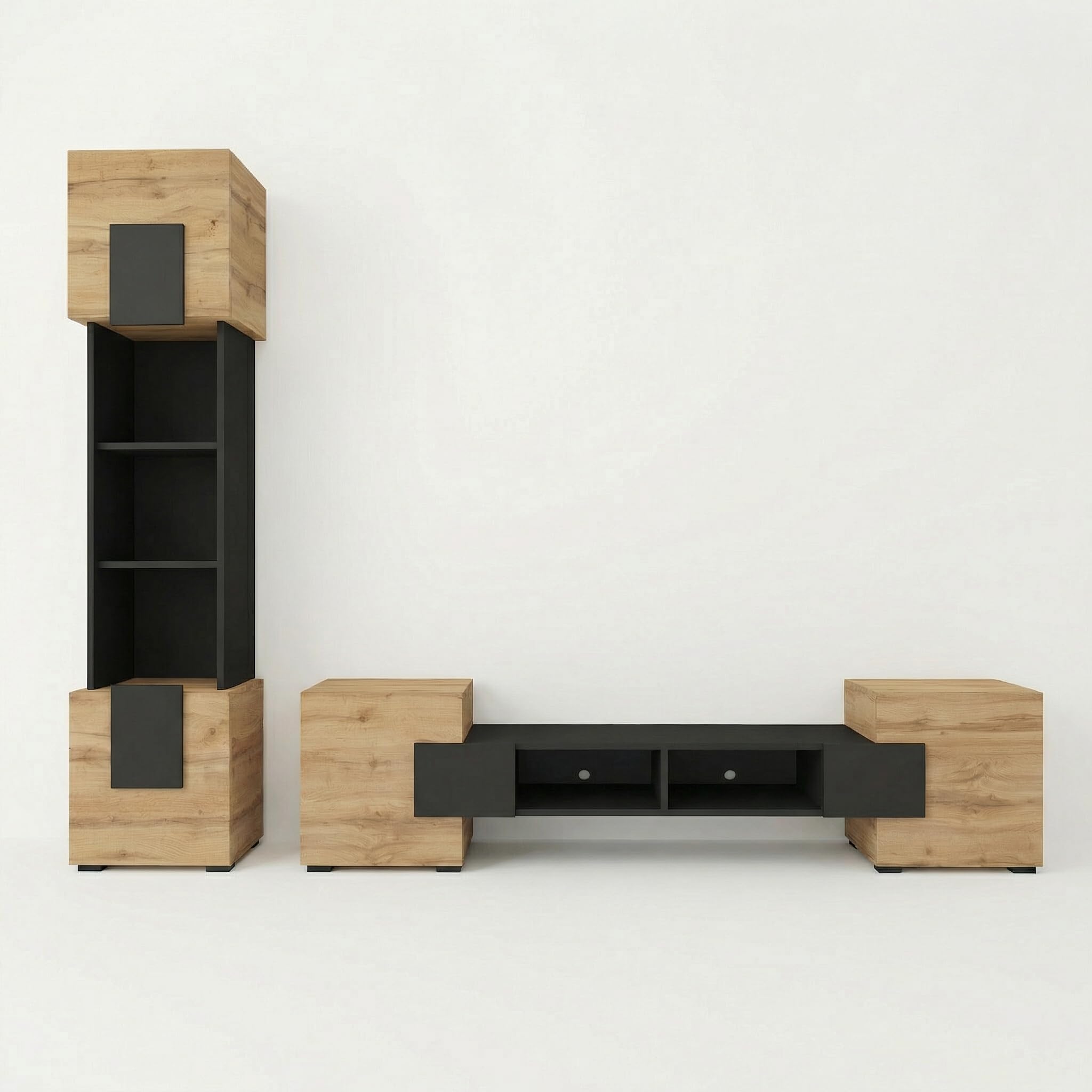 Komodee Wohnwand TV Torino Schwarz/Wotan 220x172x35 cm