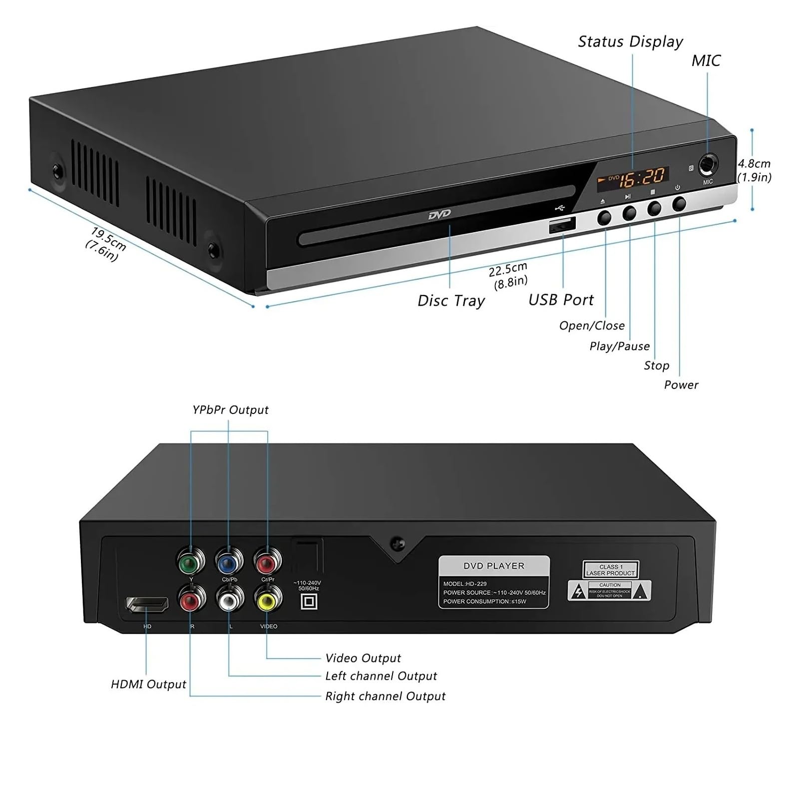 Lettore DVD Portatile, Lettore DVD domestico CD multimediale digitale Uscita AV HD con telecomando