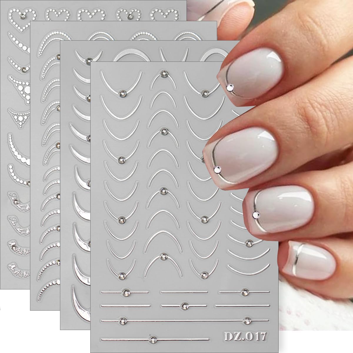 Silvery French Line Nail Art Stickers French Tip Nail Decals 5D Embossed with Rhinestone 4PCS French-Style Stripes Wave Nails Design Y2K French-Style Curve Nail Art Supplies for Women Nail Decoration