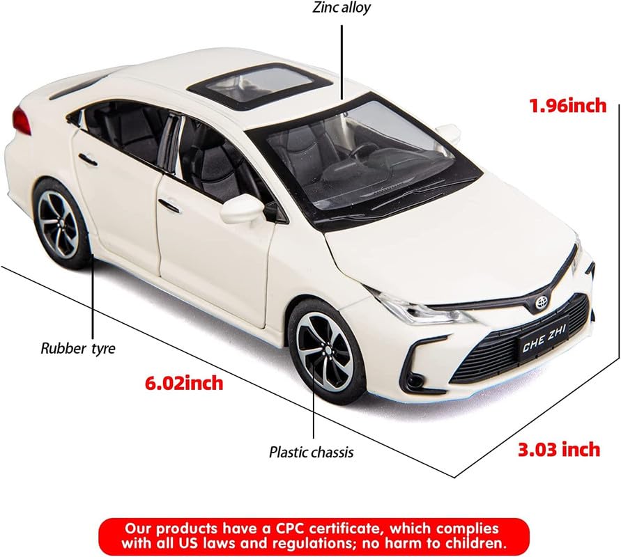 Image of Kids Model 1:32 Corolla Die Cast Metal Car Pull Back Action Opening Doors with Realistic Engine Sound Lights Toy Car Gift for Boys - White