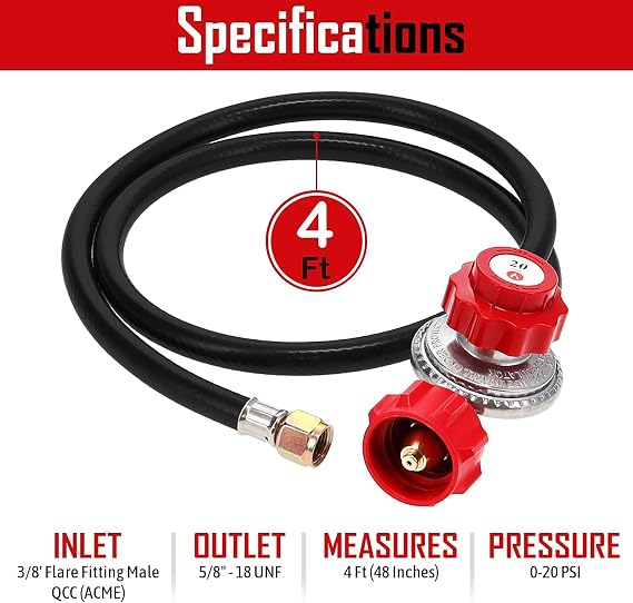Gas One 4 ft High Pressure Propane 0-20 PSI Adjustable Regulator with Red QCC-1 Type Hose - Works with Newer U.S. Propane Tanks, 4FT 0-20 PSI