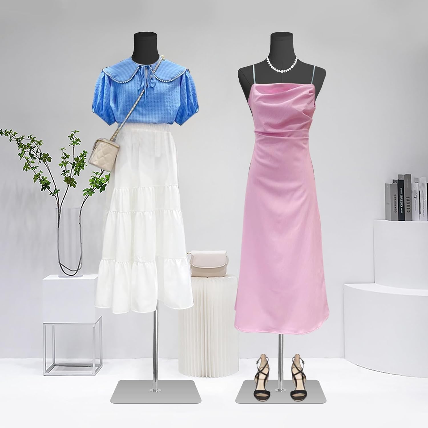 Female Dress Form Mannequin for Sewing Black Linen Fabric Mannequin Torso with Detachable Adjustable Height 50”-70” High Stability Metal Stand Slim Body with Silvery Base