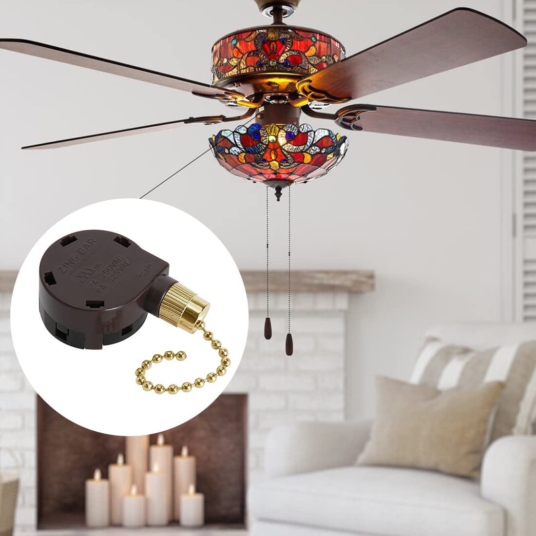 DAYONE Zing Ear ZE-268S5 4 Speed 5 Wire Pull Chain Ceiling Fan Switch, 2Pack Brass