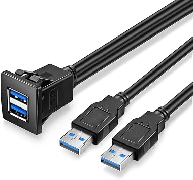 1M USB3.0 Dual Square Flush Mount - USB 3.0 Extension Panel Cable, for Car, Boat, Motorcycle 3 feet