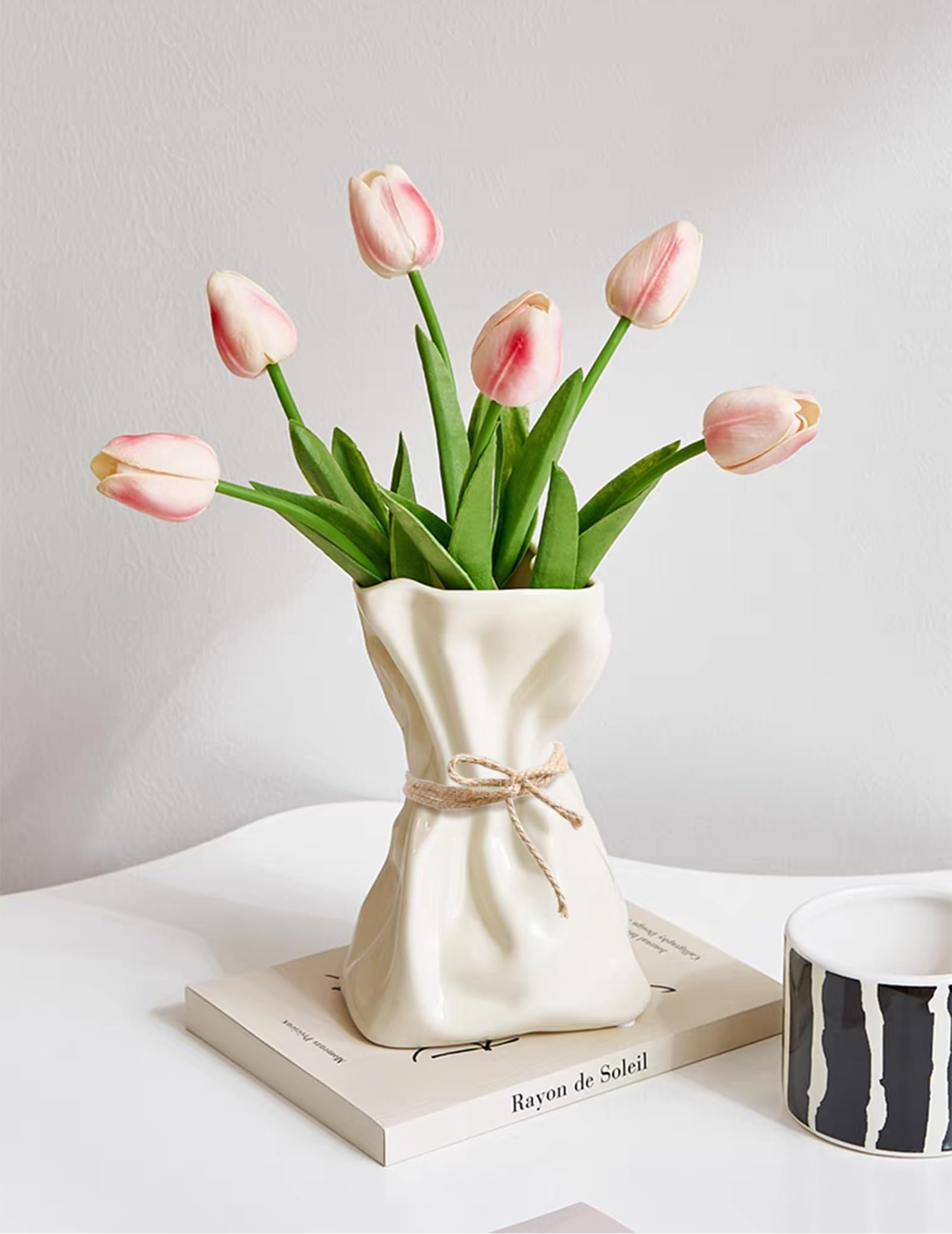 6IN Cream Ceramic Vase, Irregular Flower Vase Modern Art Decorative Vase for Flowers, Unique Paper Bag Vase for Home Office Centerpieces Entryway Bookshelf Living Room Table Decor
