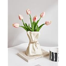 FOWSEEK 6IN Cream Ceramic Vase, Irregular Flower Vase Modern Art Decorative Vase for Flowers, Unique Paper Bag Vase for Home Office Centerpieces Entryway Bookshelf Living Room Table Decor