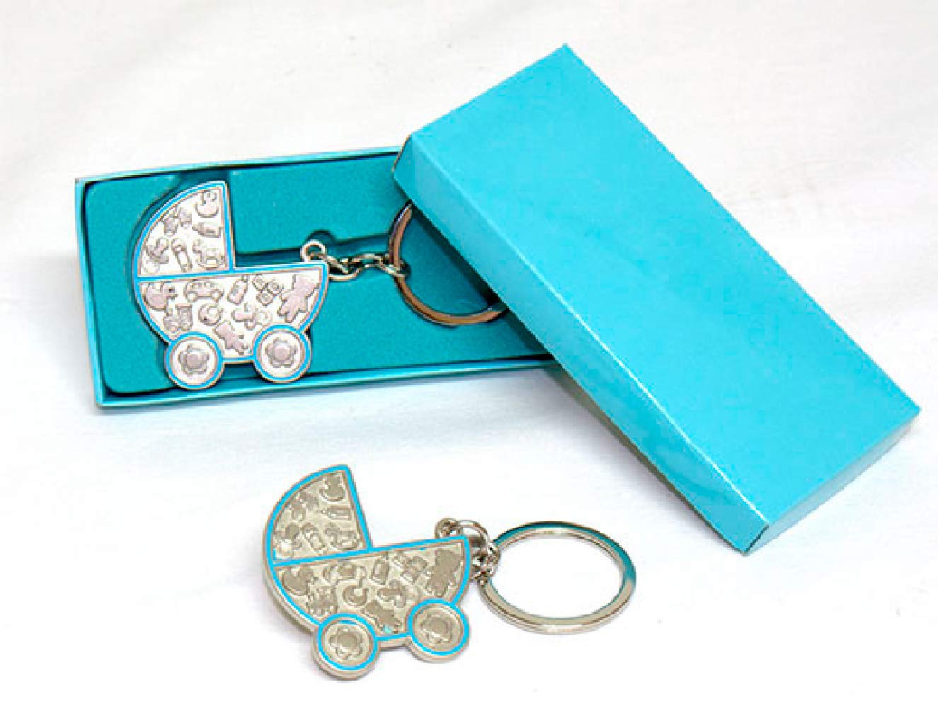 Lot de 15 porte-clés poussette bleu gravé avec nom et date de l'événement avec boîte et ruban rose souvenir pour baptême