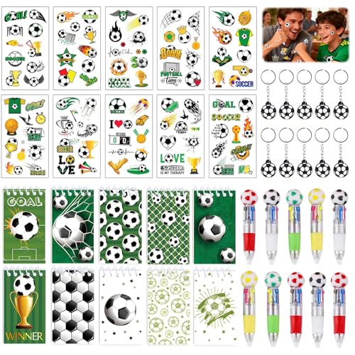 Juego de 40 regalos de fiesta de fútbol con 10 bolígrafos, 10 mini blocs de notas, 10 llaveros de pelota de fútbol, 10 hojas de tatuajes temporales, papelería de fútbol, regalo de fiesta de cumpleaños