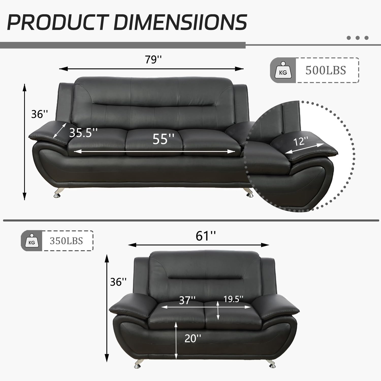 Faux Leather Sofa Set for Living Room, 3 Piece Living Room Furnituer, Modern Couch Set with 3-Seater Couch, Loveseat and Armchair (Black, Sofa+Loveseat)