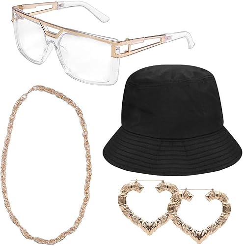 Lohoee 80s90s Women Hip Hop Costume Gold Chain DJ Rapper Bucket Hat Glasses Hoop Earrings Hip Hop Rapper Costume