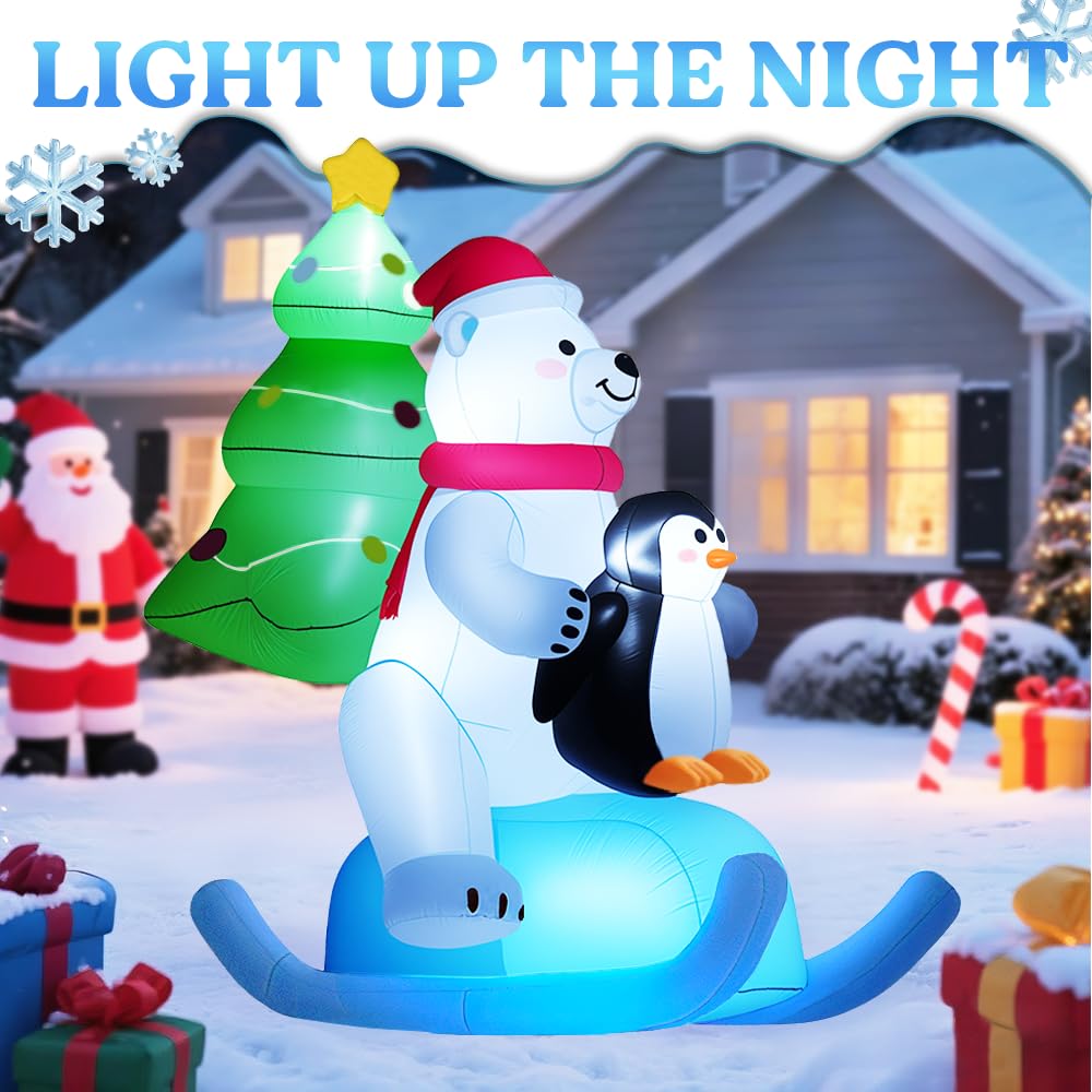 GARIG Ours blanc gonflable de Noël de 2,1 m avec pingouin - Décorations de jardin gonflables avec LED intégrées pour fête en plein air, cour, jardin