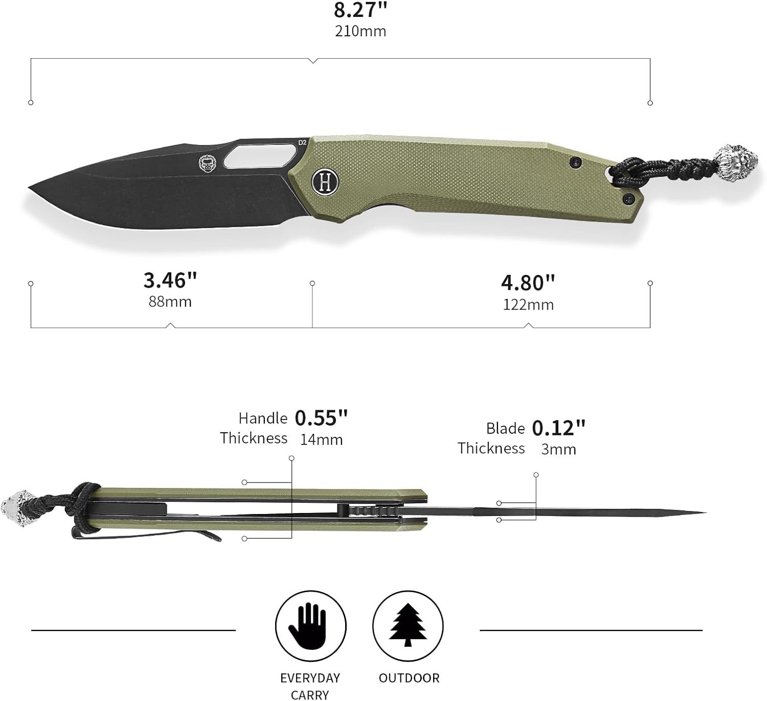 Holtzman's Gorilla Survival Folding Pocket Knife for Men with D2 Steel Blade and G10 Handle - Perfect for Everyday Carry - EDC Gift Set (Black Stonewashed + OD Green)