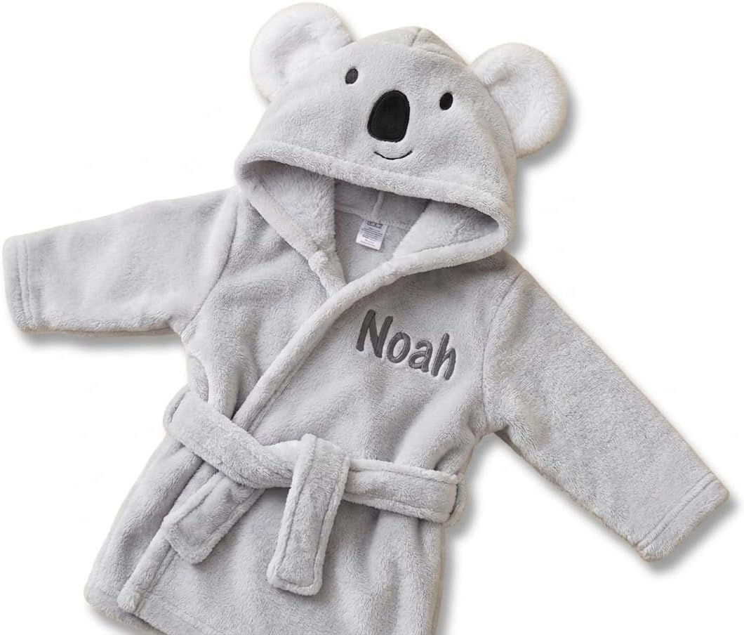 Koala Hooded Baby Bathrobe with Embroidered Name, Soft Plush Robe with Animal Hood, Custom Monogram for Newborn Boy or Girl, 0-9 Months