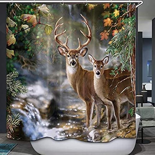 Miniatura 1 de Cortina de ducha de ciervo, diseño de animales salvajes del bosque otoñal, impermeable, 12 ganchos, cortina de baño decorativa de acuarela,