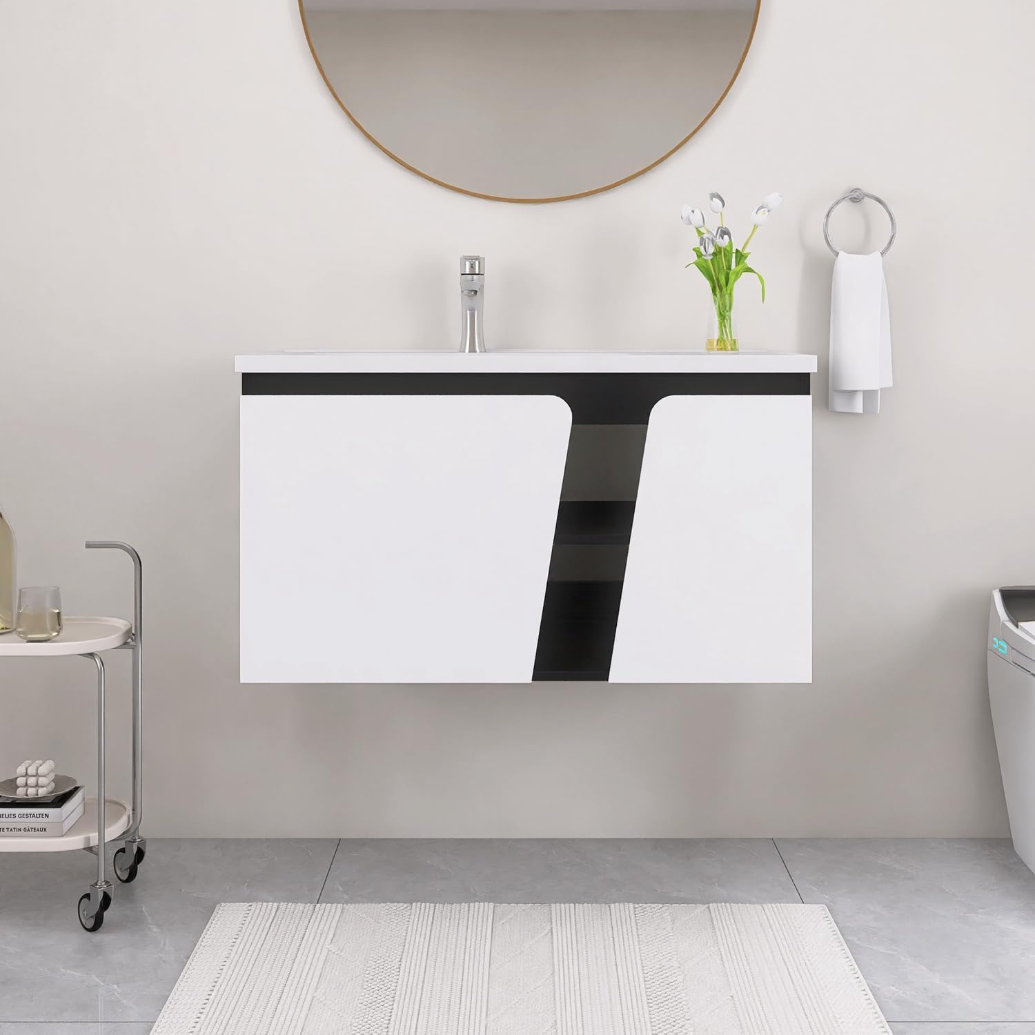 36 Inch Floating Bathroom Vanity, 36" Bathroom Vanity with Sink, Premium Plywood Wooden Cabinet with Ceramic Basin Sink, White Wall Mounted Cabinet Set