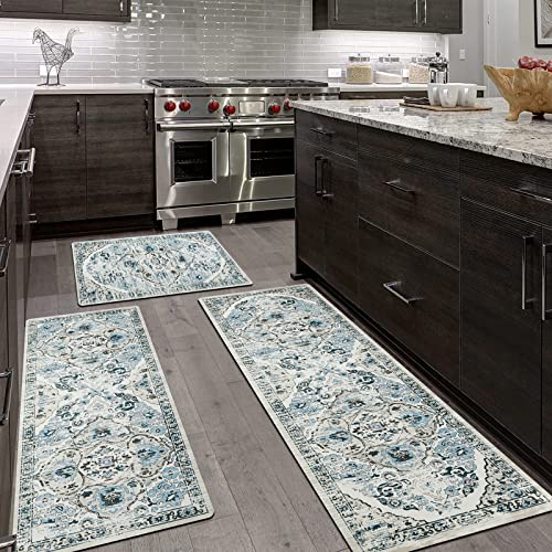 Hebe Boho Kitchen Rug Sets 3 Piece With Runner Farmhouse Rubber Kitchen Mats For Floor Non Slip Washable Thin Kitchen Area Rug Floor Mat Waterproof Hallway Laundry Room Runner Rug #TOP7