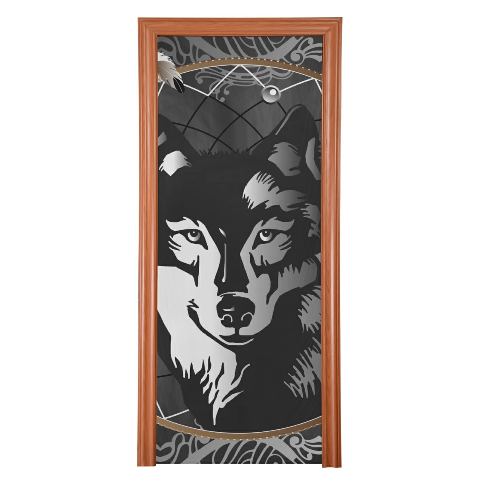 Poeticcity Black White Wolf in Dream Catcher on Dark Grey Background Door Cover, Washable Fabric Durable Door Decoration Silk Microfiber for Front Door Porch Home Indoor Outdoor Party 35x79 inches