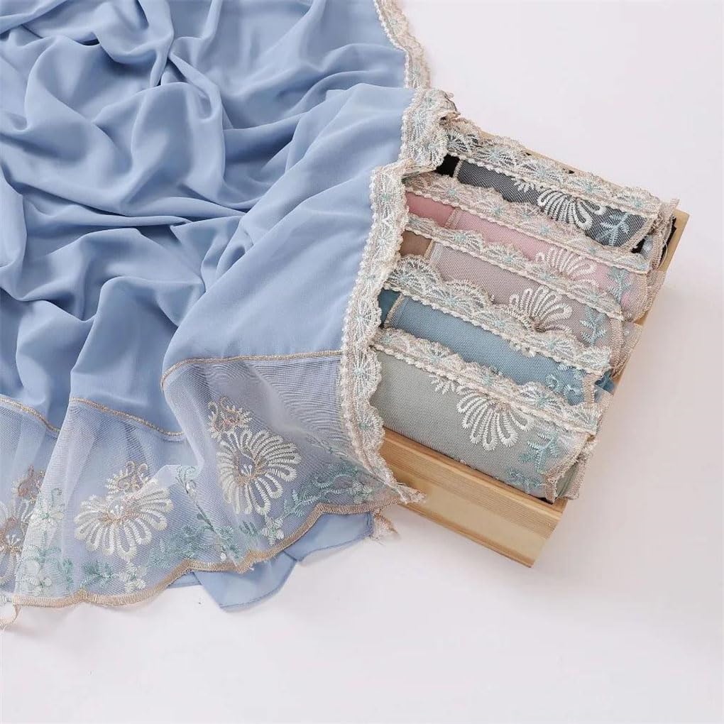 Bufanda de gasa de 70 x 175 cm, chal largo con encaje bordado floral para mujeres musulmanas musulmanas
