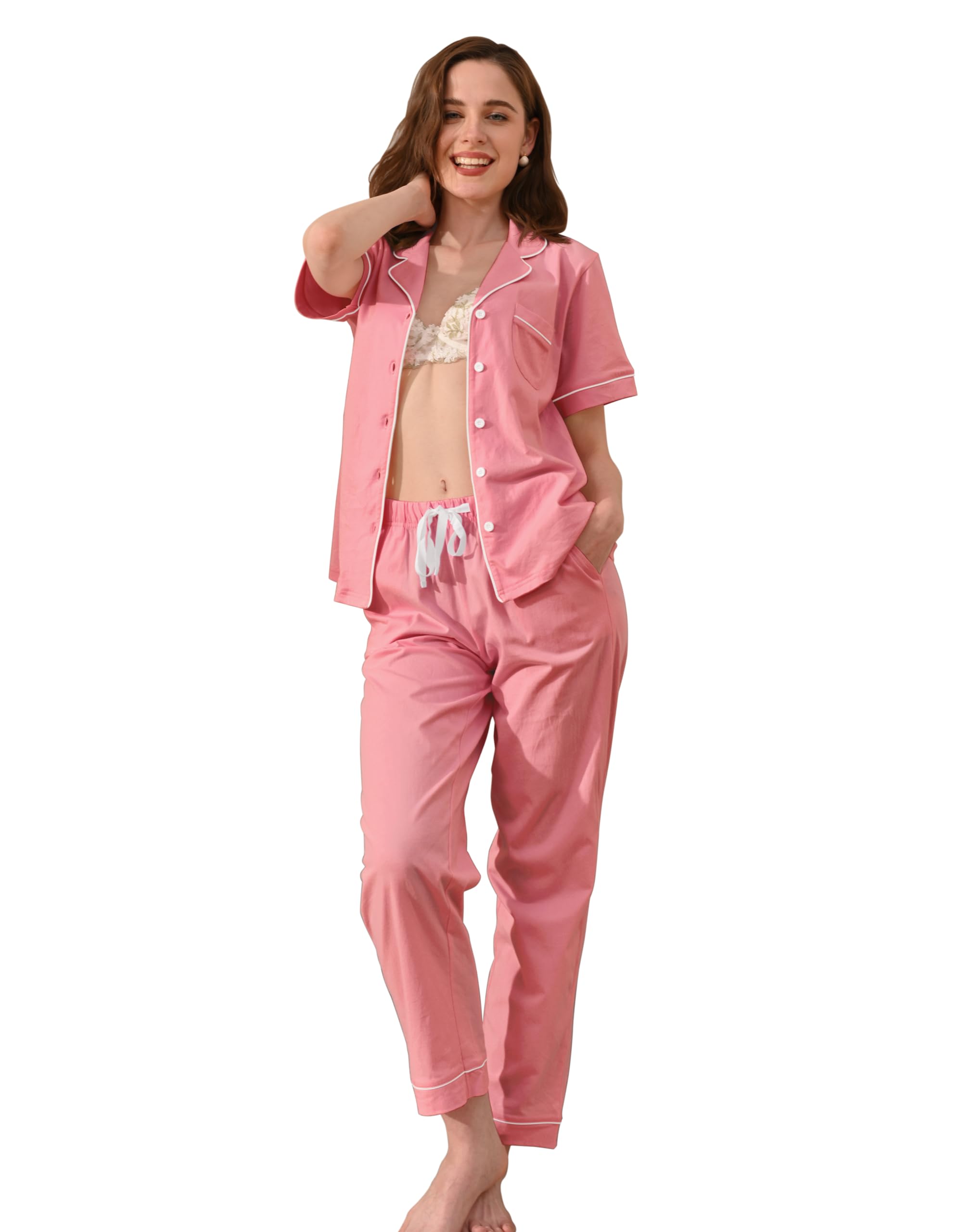 NAP BOUND 100% Cotton Women's Pajama Sets Short Sleeve Button Down Soft Pjs 2 Piece Lounge Set with Pocket Nightwear XS-XXL