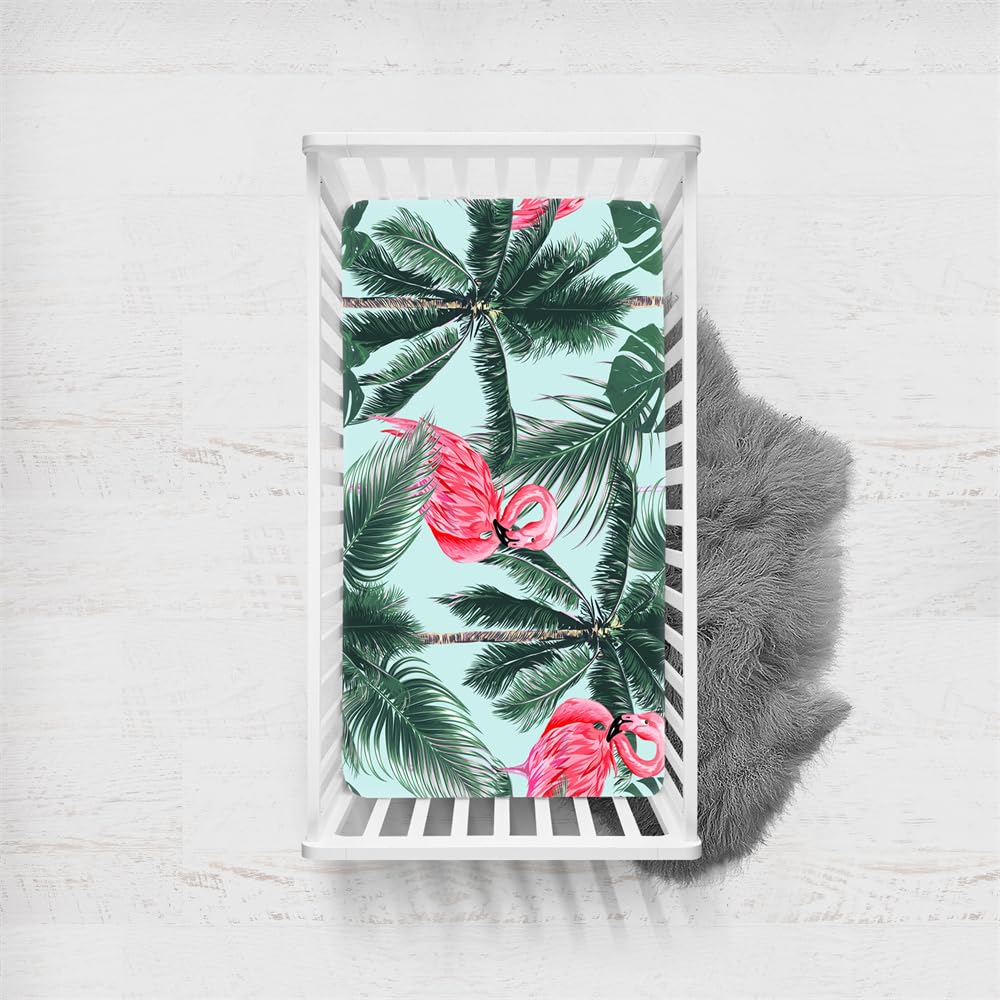 Odot Cot Bed Fitted Sheets, Toddler & Baby Bed Sheets, Tropical Palm Leaf Print Microfiber Mattress Protector Cozy Lightweight Bedside Cribs Bassinet Sheets for Boys Girls (Flamingo,80x160cm)