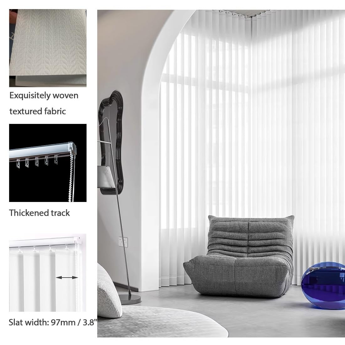 Tenda a rullo senza fili per porte scorrevoli del patio, tende oscuranti testurizzate bianche, 97 mm, dimensioni lamelle 200 cm di larghezza x 140 cm di altezza, ideale per la decorazione di casa e