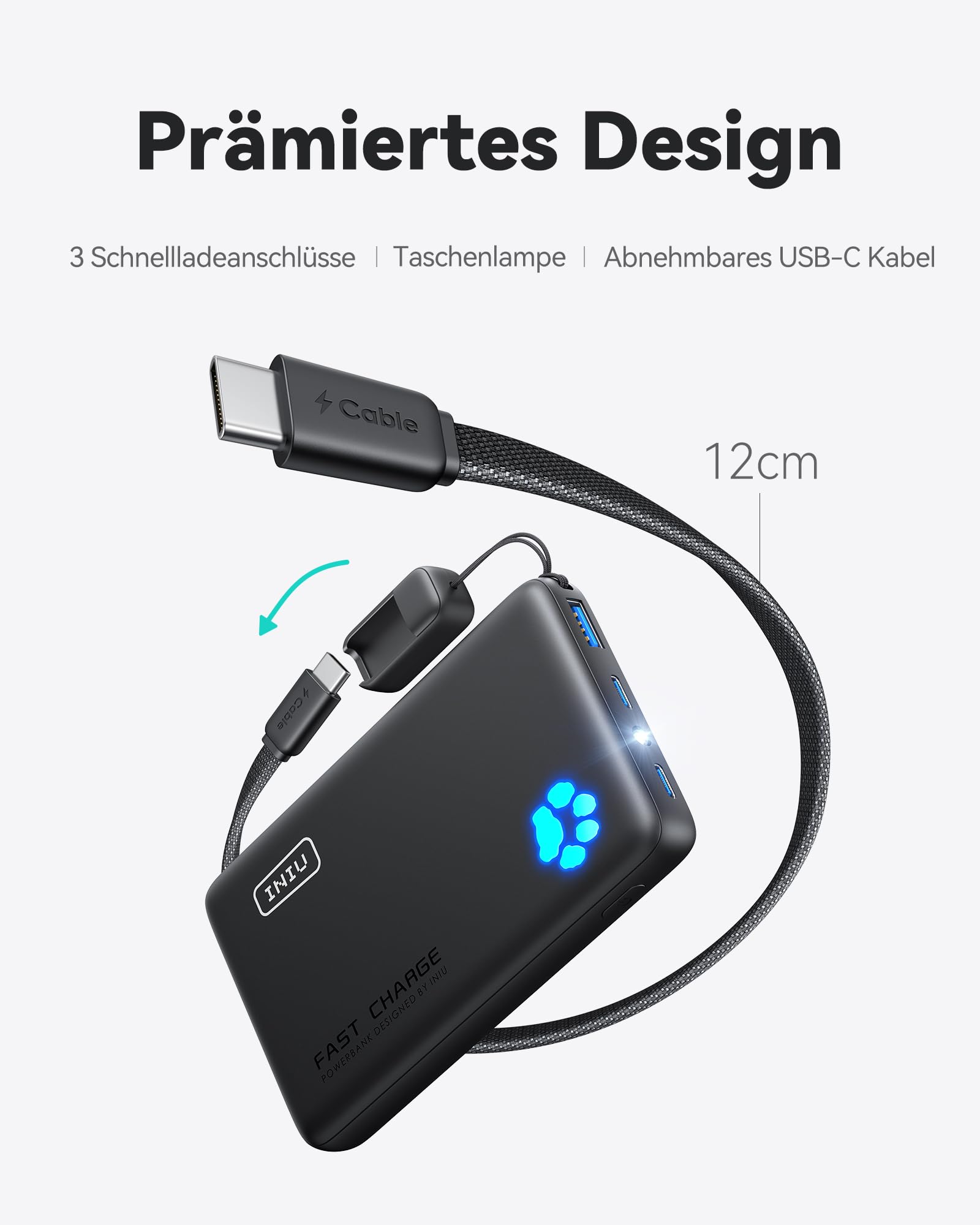 INIU Power Bank, Kleiner 45W Schnellladen 10000mAh Powerbank mit Abnehmbar USB C Kabel, Flugtauglich & Reise-Essential, Externe Handyakkus für iPhone 17 16 15 Pro, Samsung S25, Xiaomi, iPad etc