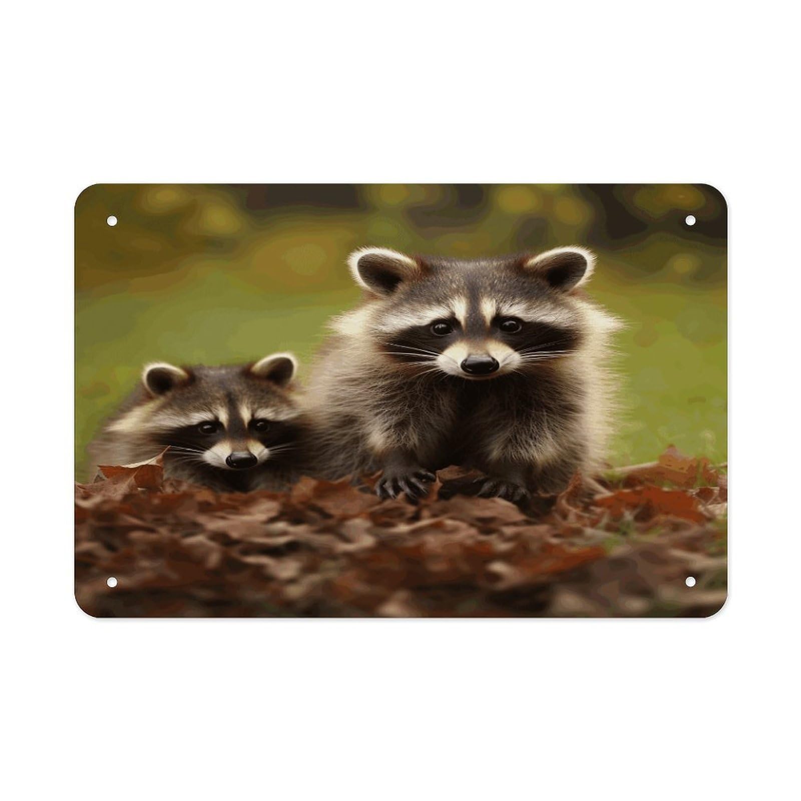 Raccoon Metal Tin Sign 12"x8" Wall Art Prints Poster Decorative Picture Metal Signboard Decor Painting Folded Edge Iron Sheet Painting with Holes for Wall Decor