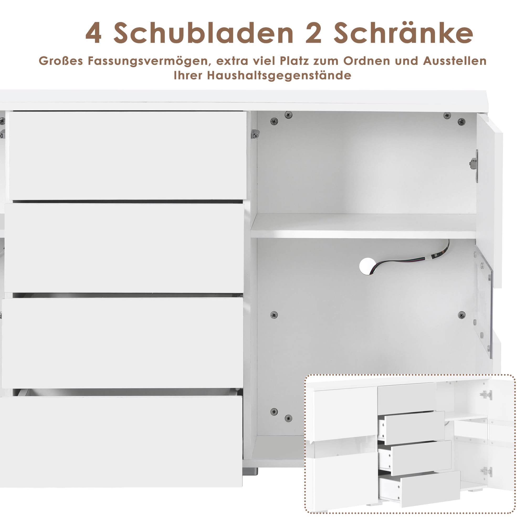 LINKHOO Buffet Blanc Brillant, Armoire de Rangement, avec 16 lumières LED de Couleurs différentes, pour Salle à Manger ou Salon, Charge maximale 50 kg, 140 * 35 * 72 cm, Blanc