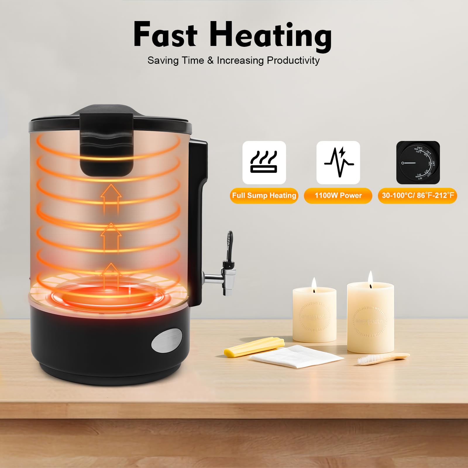 Fundidor de Cera para Velas 12 L con Grifo y Pantalla LED | 1100 W, acero inoxidable 201 y control manual de 30-100 °C para cera de soja, parafina, abeja, coco y gel