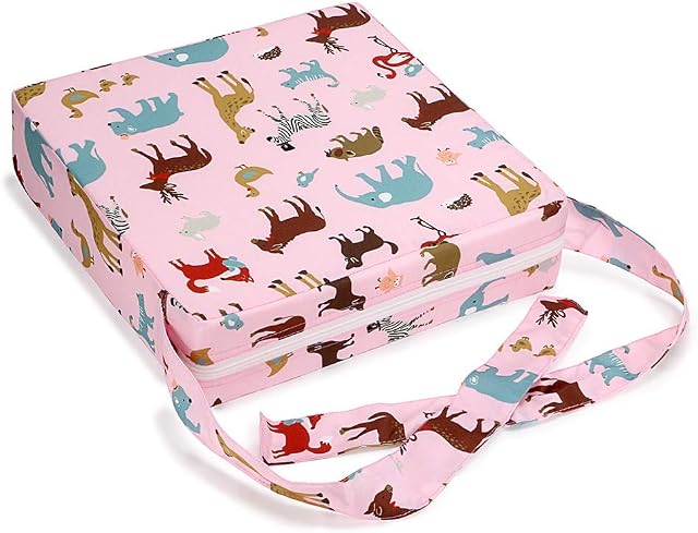 BTSKY Baby Toddler Kid Infant Dismountable Adjustable Washable Booster Seat with Straps Dining Chair Chair Pads Chair Increasing Cushion Travel Storage (Pink+ Animal)