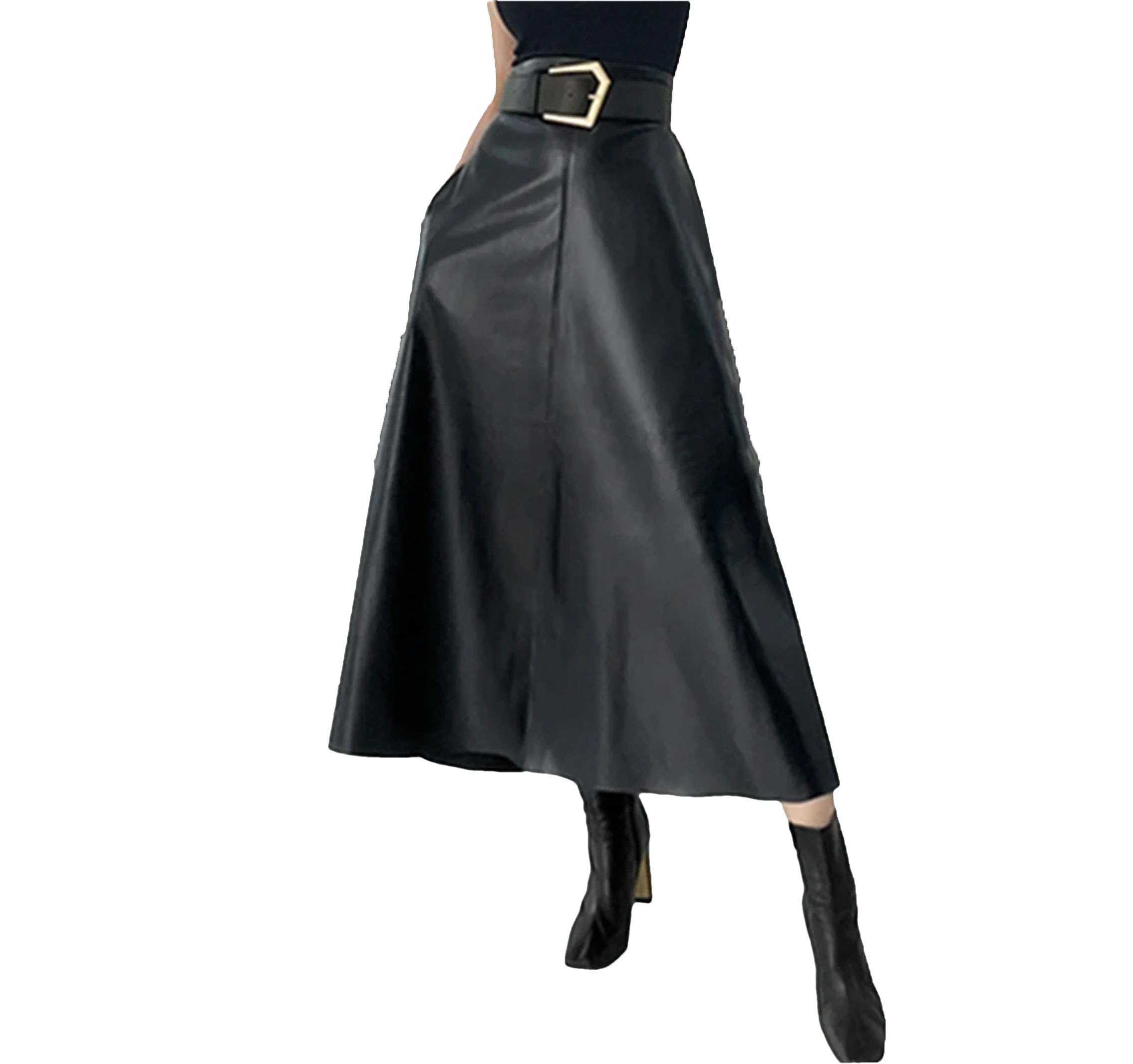 Donne Inverno Classico Faux PU Pelle Gonne Lunghe con Cintura Vita Alta Midi Gonne Femminili